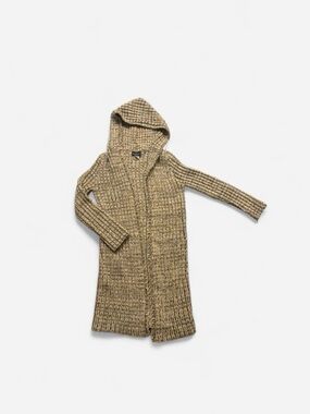 Hooded Long Ribbed Knit Cardigan in Marled Tan